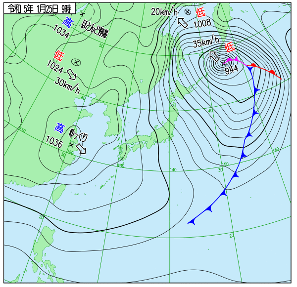 西高東低型の天気図　2023年1月25日9時