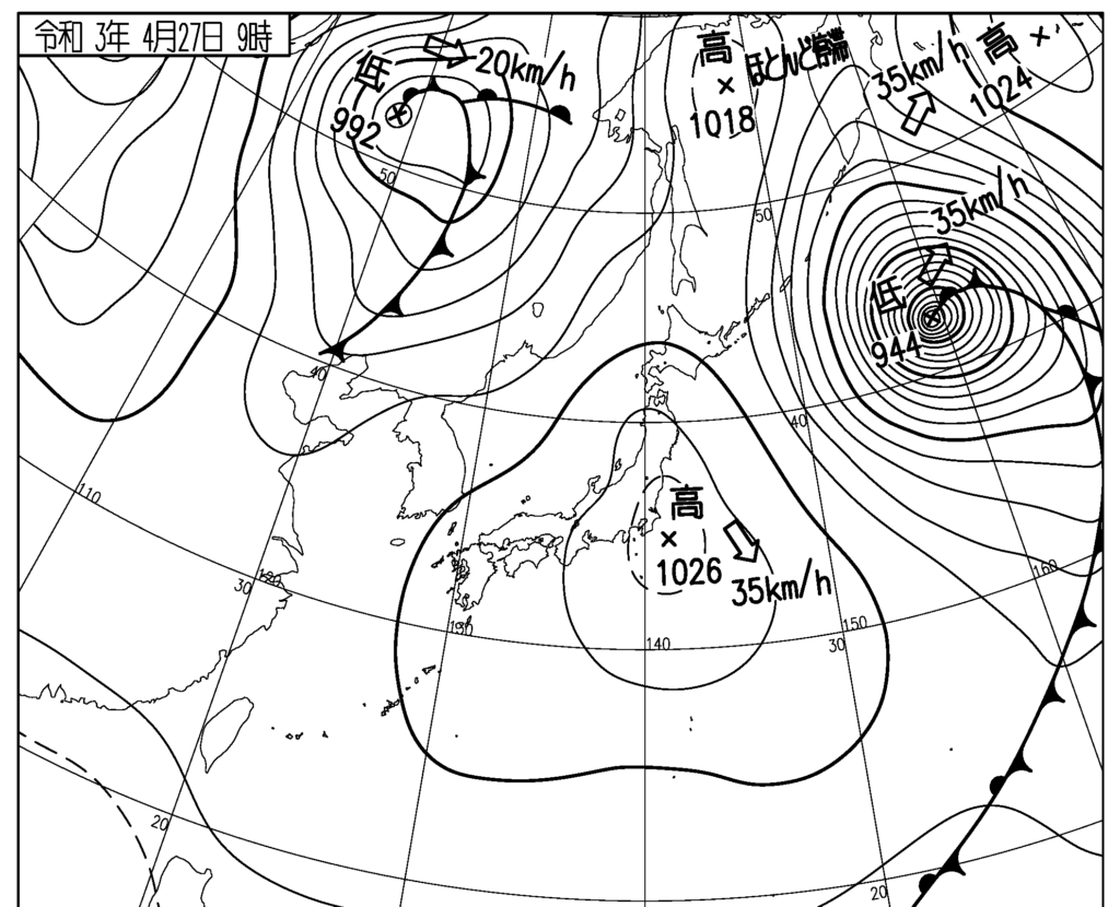 晩霜が発生したときの移動性高気圧に覆われた天気図