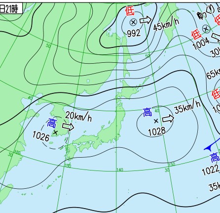 霜の降りやすい気圧配置(2023年3月5日の天気図　気象庁HPより)